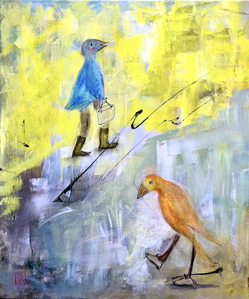 c'est une Peinture acrylique représentant des oiseaux en marche avec des couleurs vives et contemporaines