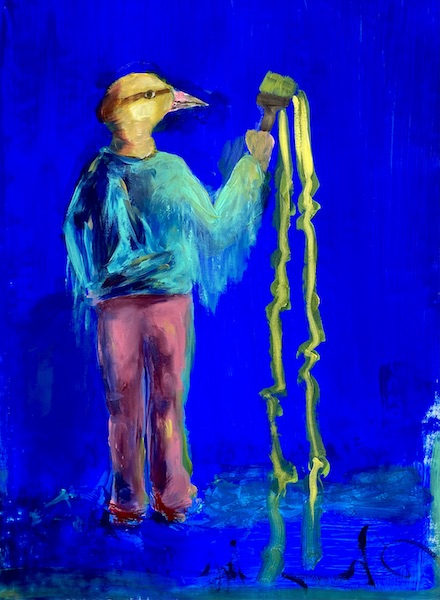 Peinture acrylique couleurs fluo bleu et jaune avec un oiseau qui fait de la peinture.Amusant-original