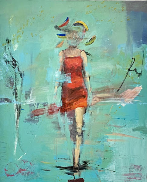 Tableau contemporain avec une femme en rouge sur un fond bleu turquoise - Contemporary frame from a French artist showing a lady dressed in red on a blu lagon backround
